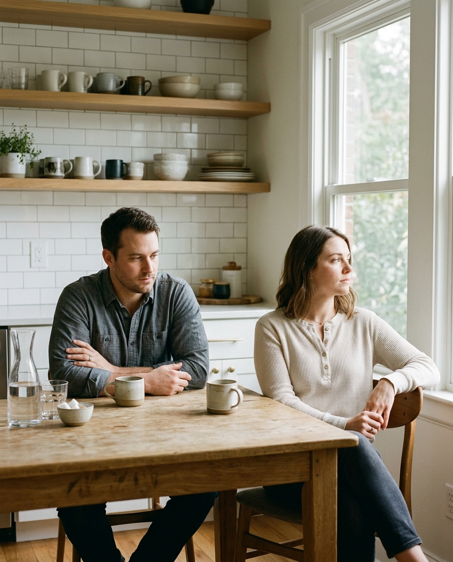Two partners settled on either side of a kitchen table, the conflict pattern a name-based algorithm never shows them
